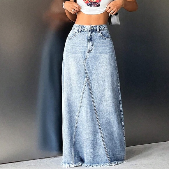 Boho Light Wash Raw hem Jean Denim Pockets Maxi Skirt - Picture 4 of 5